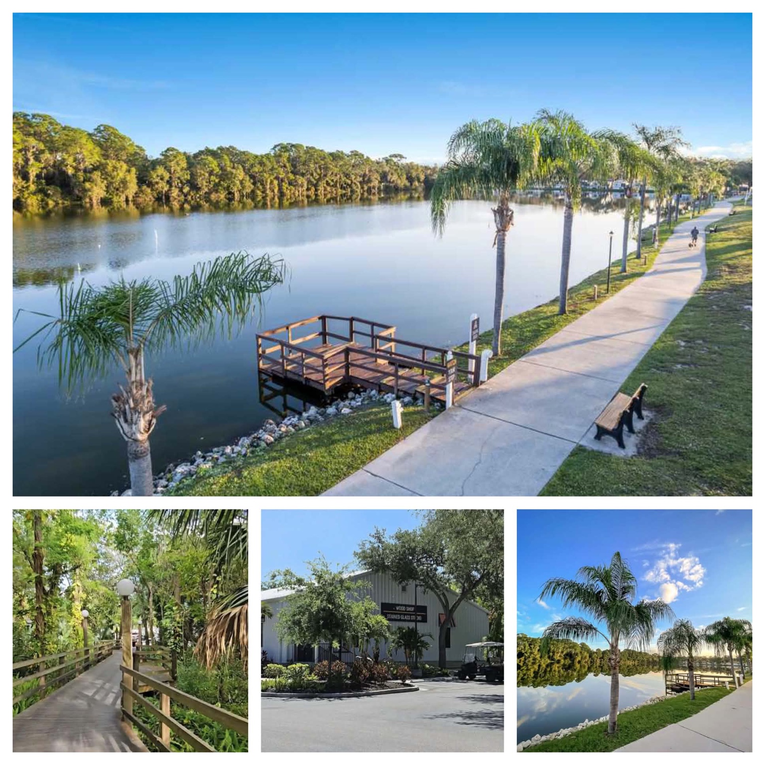 Collage of the resort lake, palm-lined walking path, shaded boardwalk, and arts building