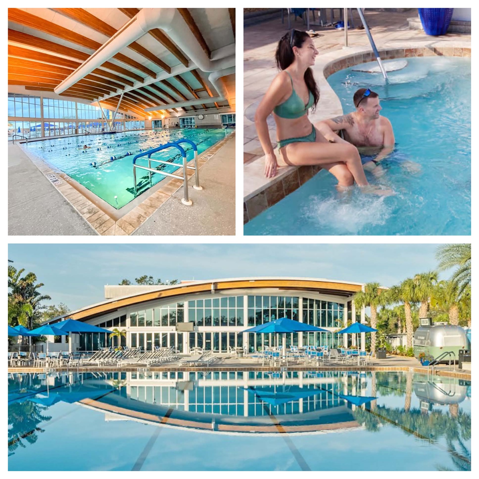 Collage of the resort indoor pool, hot tub, and outdoor pool complex
