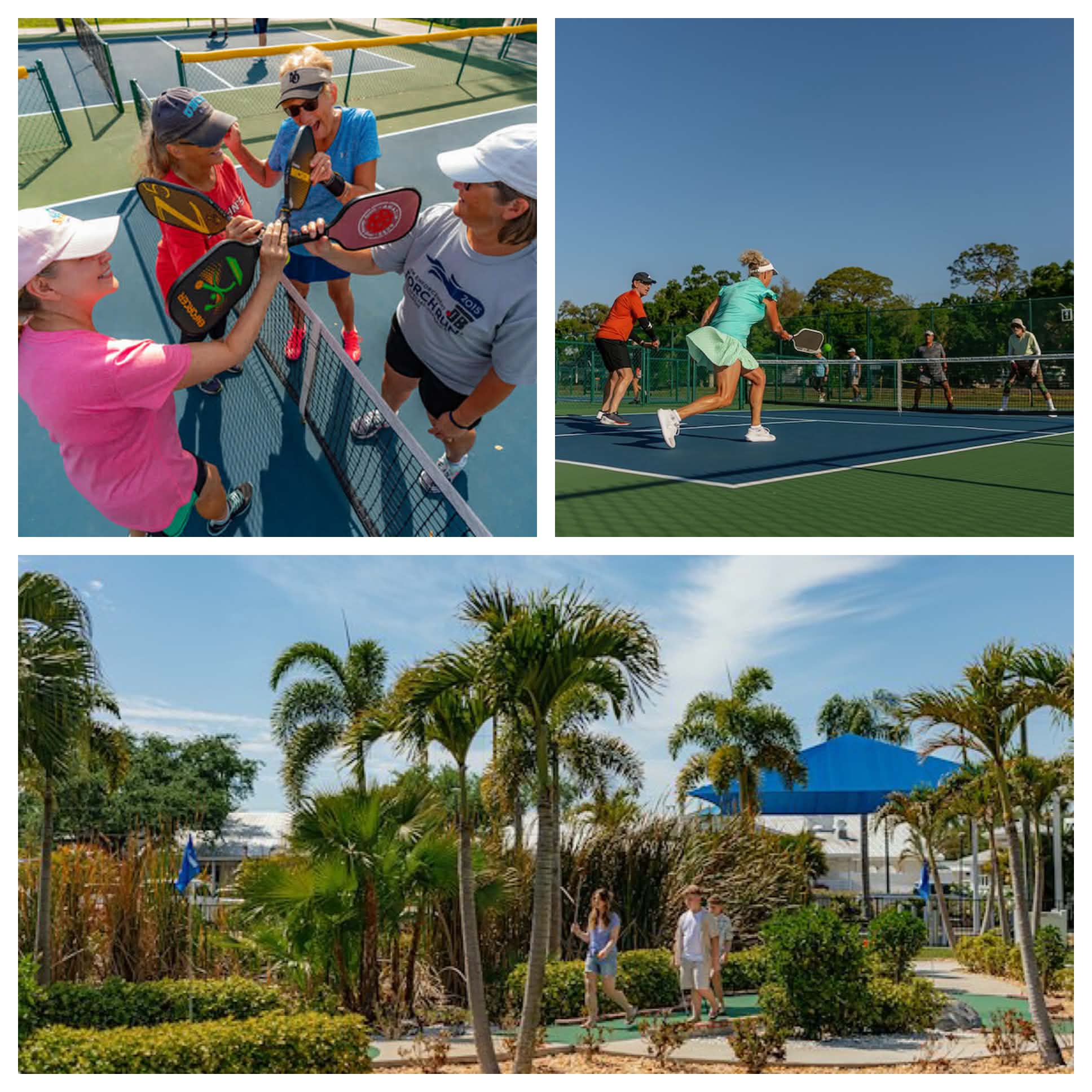 Collage of people playing pickleball and miniature golf at the resort